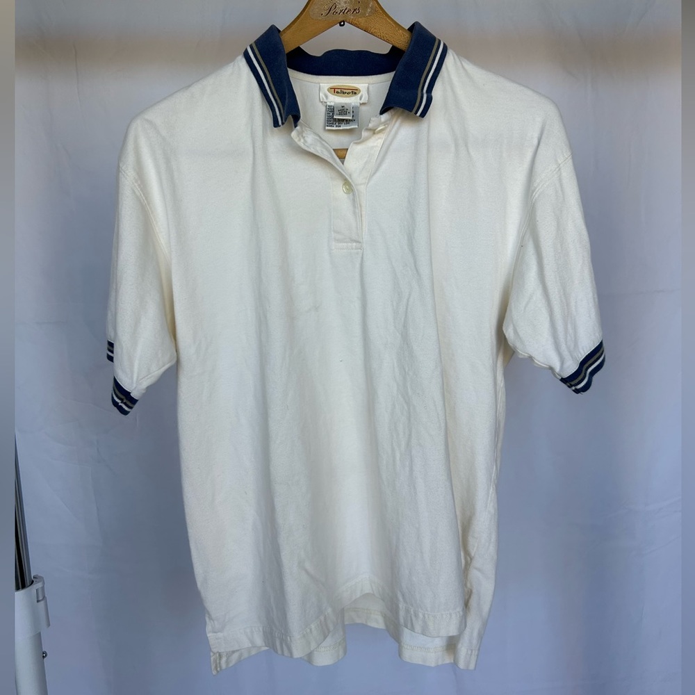 Vintage Talbots White Cotton Polo Shirt with Navy & Avocado Trim size M